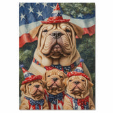 Shar Pei Dog Family in Patriotic Outfits and Party Hats with American Flag Backdrop for Fourth of July Celebration on Ready to Hang 1.5" Thick Canvas Wrap, Floating Framed Canvas, Flat Rolled Canvas